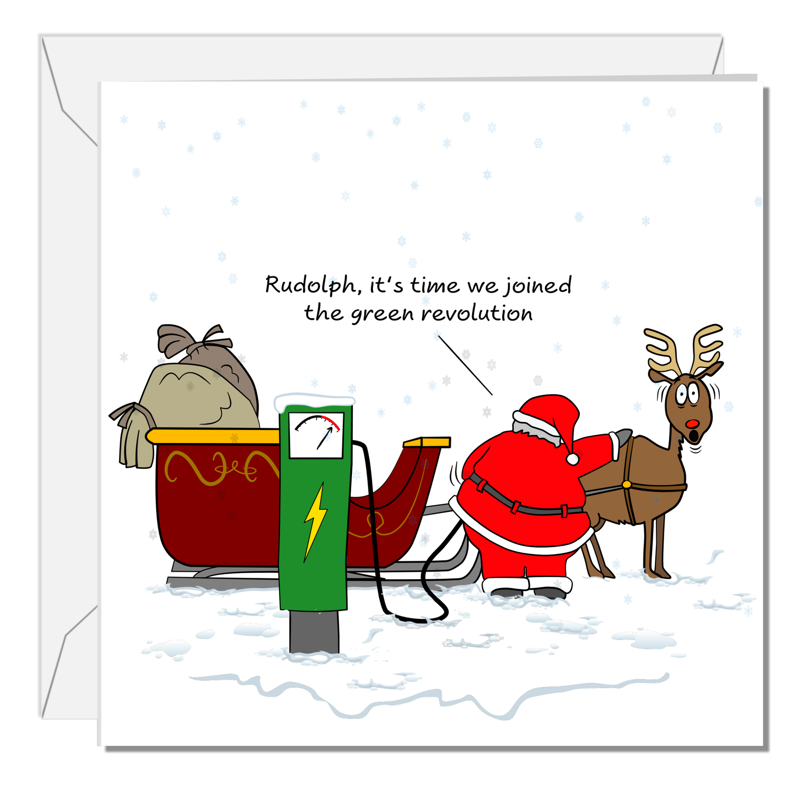 Funny Christmas Card Santa Claus Goes Green Sustainable Environmentally Friendly EV Car Electric Charging Amusing Humorous Reindeer