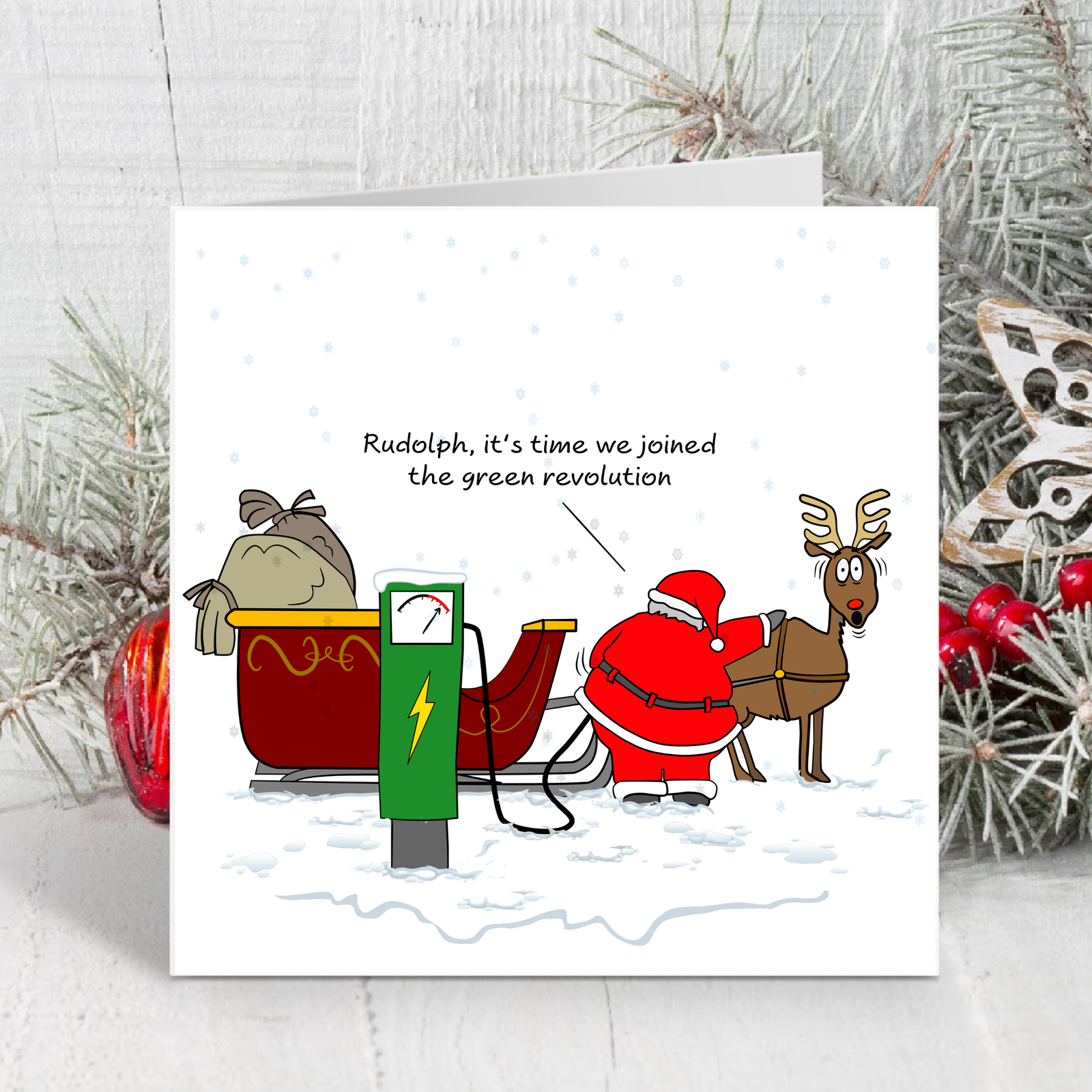 Funny Christmas Card Santa Claus Goes Green Sustainable Environmentally Friendly EV Car Electric Charging Amusing Humorous Reindeer