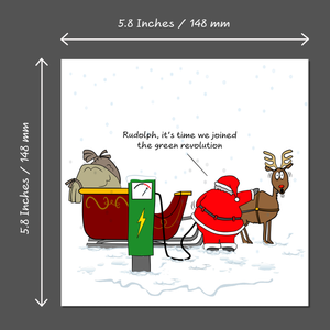 Funny Christmas Card Santa Claus Goes Green Sustainable Environmentally Friendly EV Car Electric Charging Amusing Humorous Reindeer
