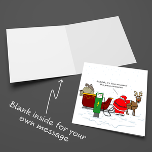 Funny Christmas Card Santa Claus Goes Green Sustainable Environmentally Friendly EV Car Electric Charging Amusing Humorous Reindeer