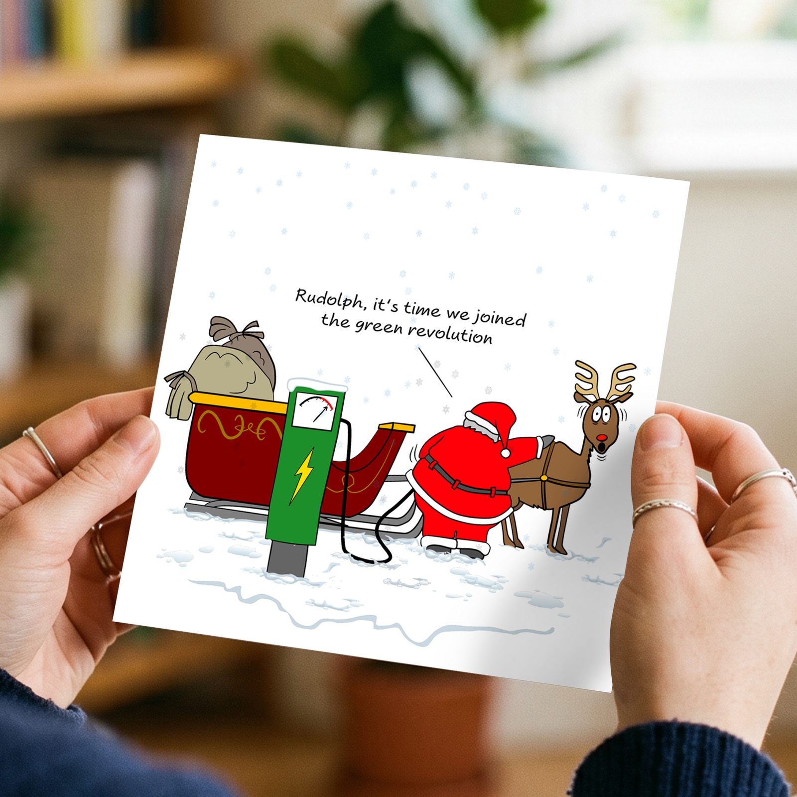 Funny Christmas Card Santa Claus Goes Green Sustainable Environmentally Friendly EV Car Electric Charging Amusing Humorous Reindeer