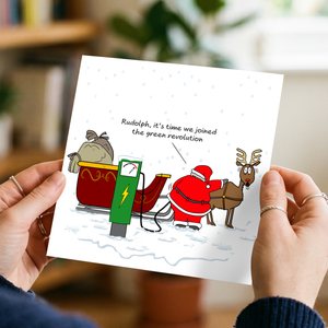 Funny Christmas Card Santa Claus Goes Green Sustainable Environmentally Friendly EV Car Electric Charging Amusing Humorous Reindeer