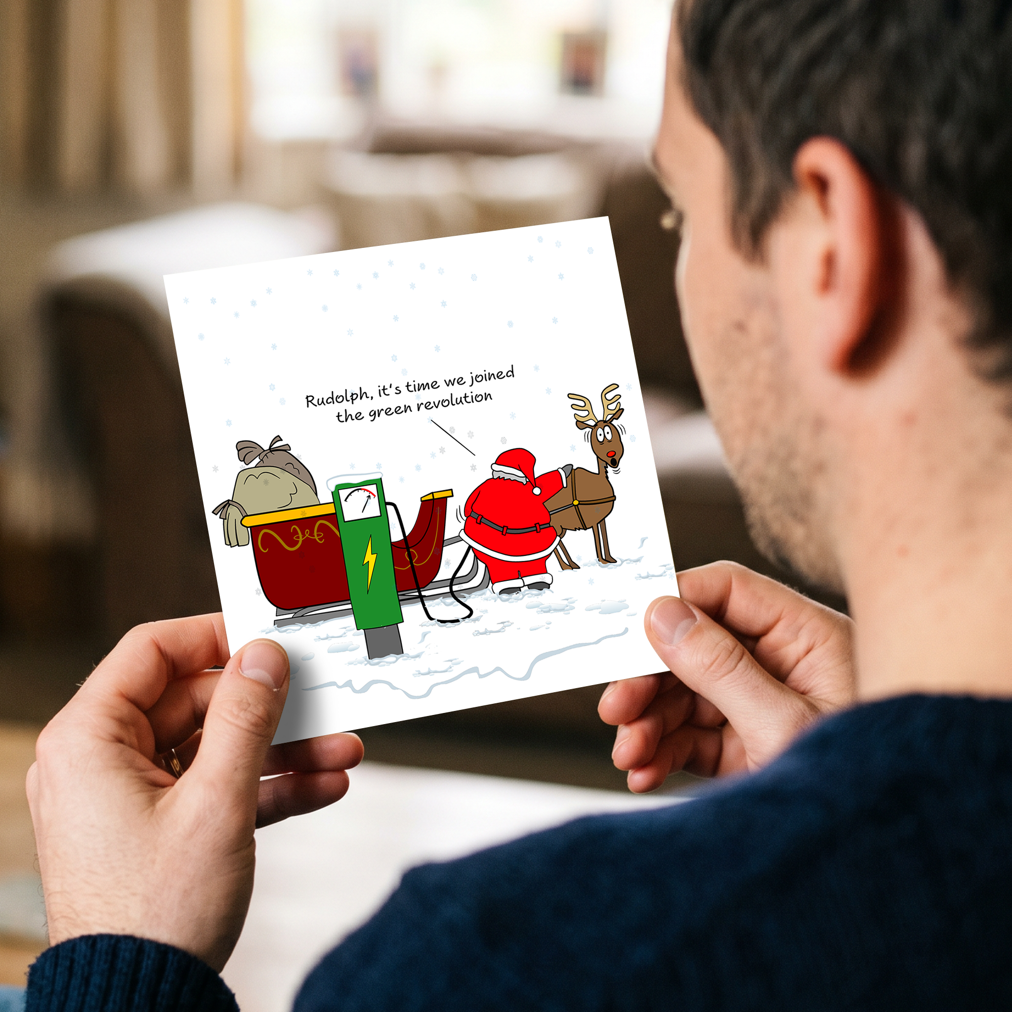 Funny Christmas Card Santa Claus Goes Green Sustainable Environmentally Friendly EV Car Electric Charging Amusing Humorous Reindeer
