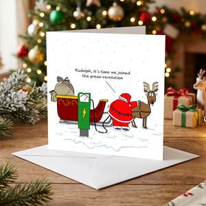 Funny Christmas Card Santa Claus Goes Green Sustainable Environmentally Friendly EV Car Electric Charging Amusing Humorous Reindeer