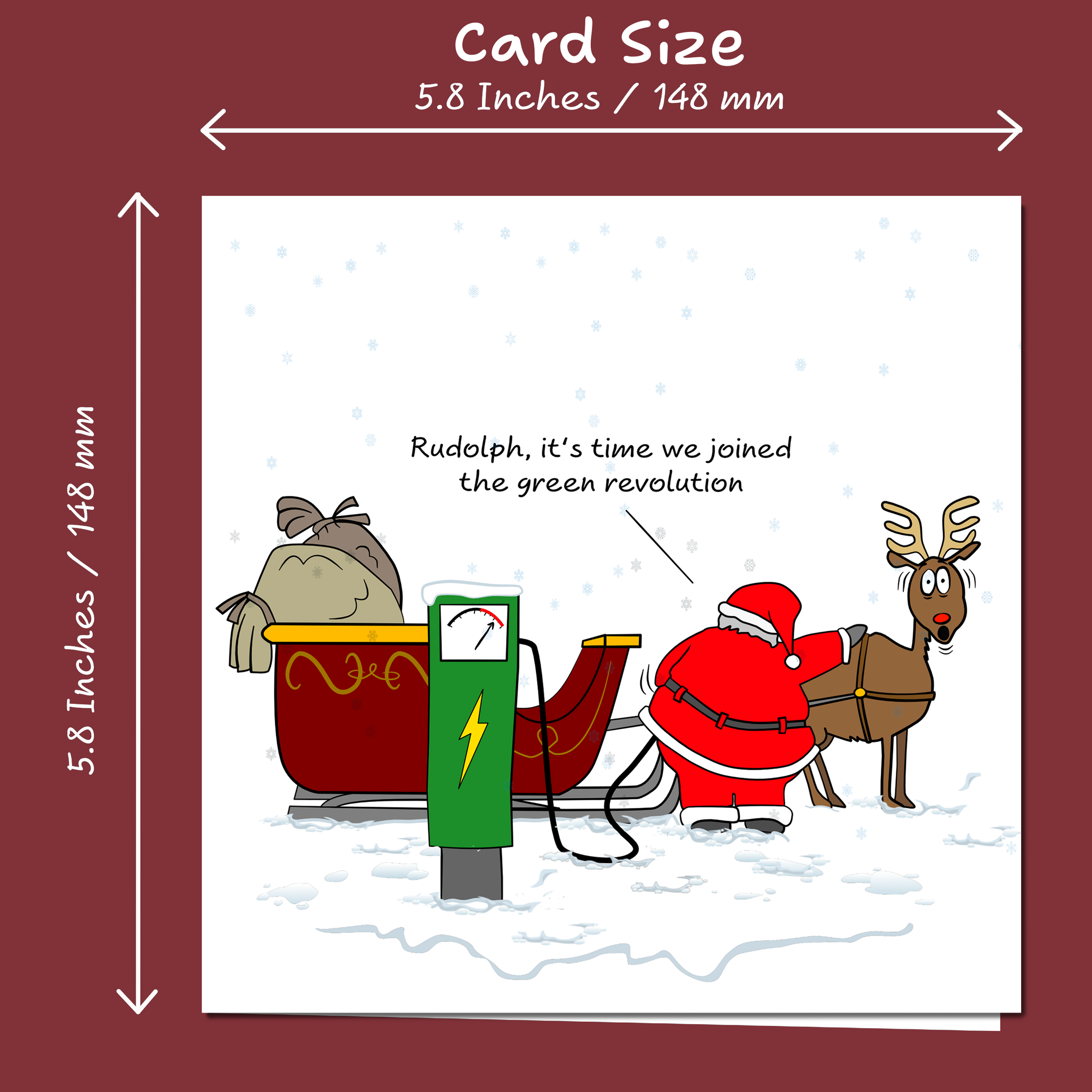 Funny Christmas Card Santa Claus Goes Green Sustainable Environmentally Friendly EV Car Electric Charging Amusing Humorous Reindeer