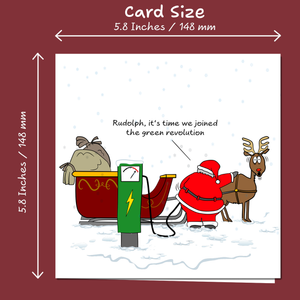 Funny Christmas Card Santa Claus Goes Green Sustainable Environmentally Friendly EV Car Electric Charging Amusing Humorous Reindeer