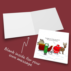 Funny Christmas Card Santa Claus Goes Green Sustainable Environmentally Friendly EV Car Electric Charging Amusing Humorous Reindeer