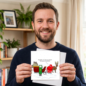 Funny Christmas Card Santa Claus Goes Green Sustainable Environmentally Friendly EV Car Electric Charging Amusing Humorous Reindeer