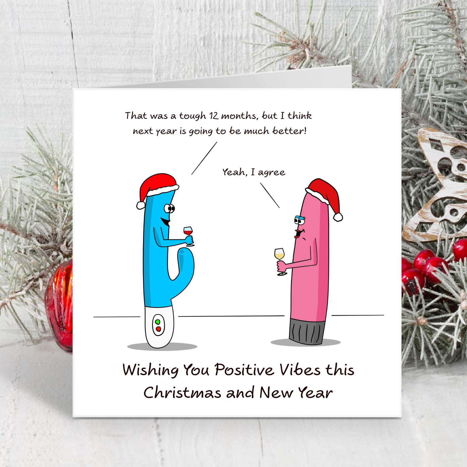 Funny Joke Christmas Card for wife, girlfriend or friends - Positive Vibes Happy New Year - Humorous Rude Naughty Sexy Vibrator