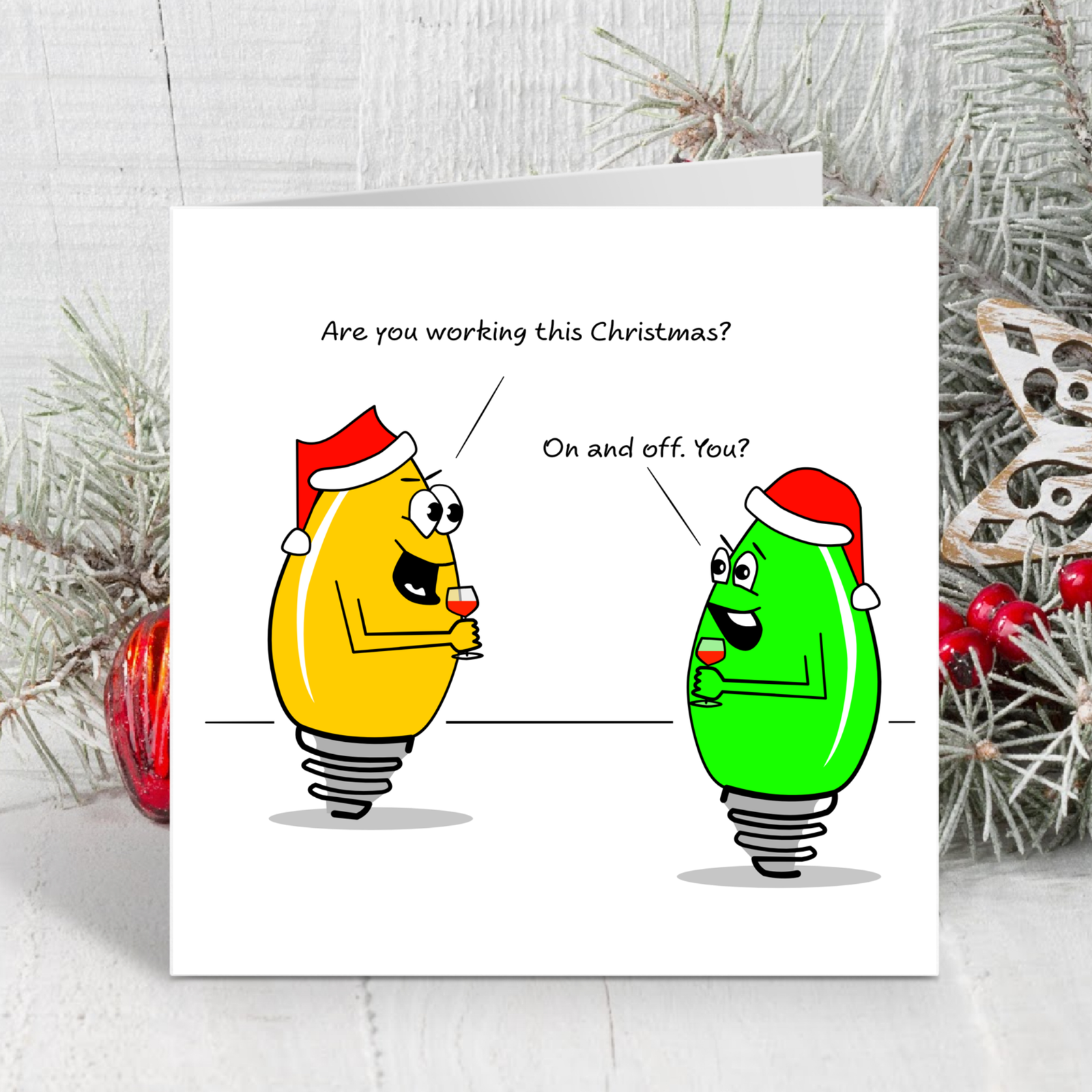 Funny Joke Christmas Card for family, friends, children, work colleague - humorous humour lights tree decoration