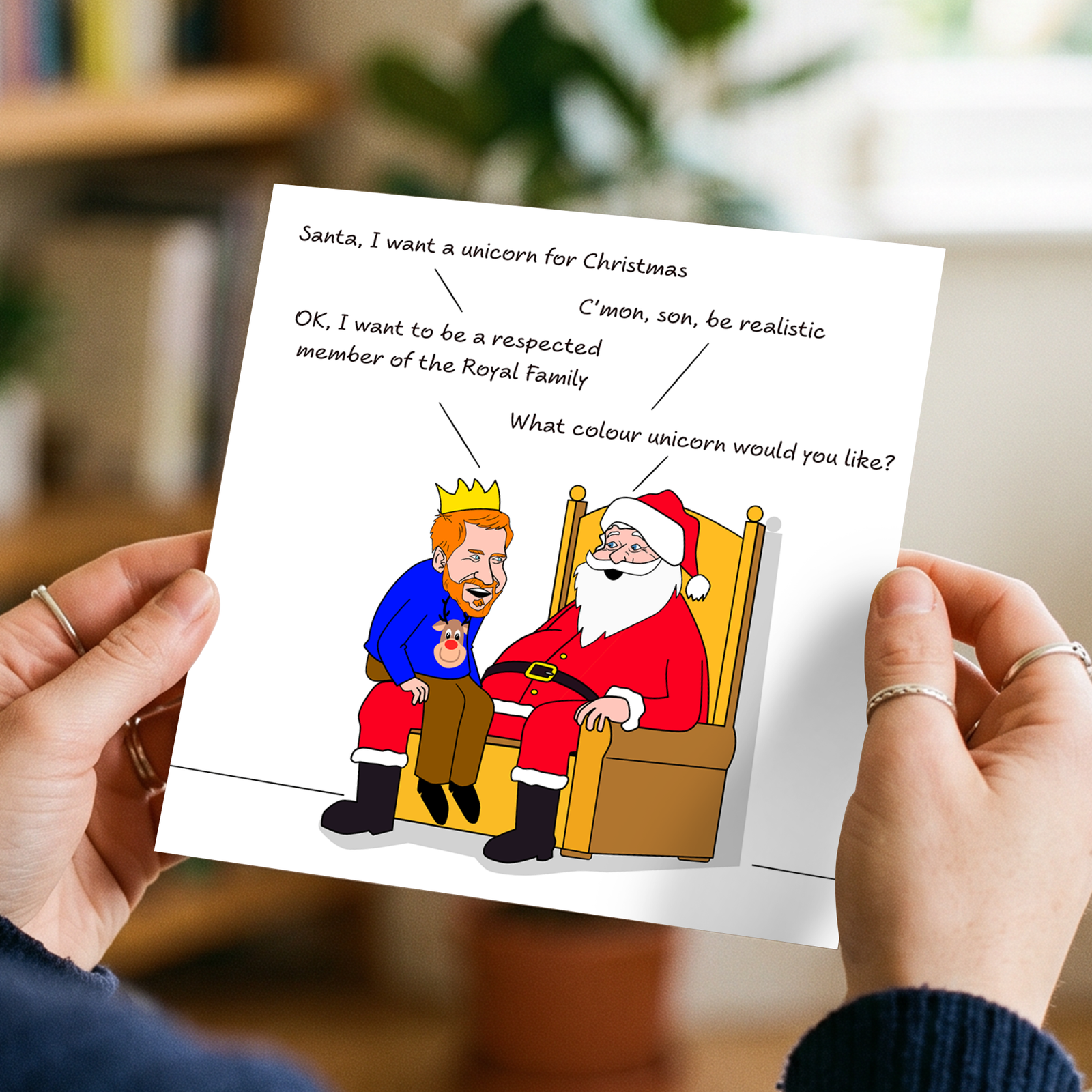 Funny Prince Harry and Meghan Markle Christmas Card - Harry with Santa Claus - Royal Family Respect - Unicorn Humorous / Humor - Joke Cartoon Fun