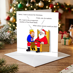 Funny Prince Harry and Meghan Markle Christmas Card - Harry with Santa Claus - Royal Family Respect - Unicorn Humorous / Humor - Joke Cartoon Fun