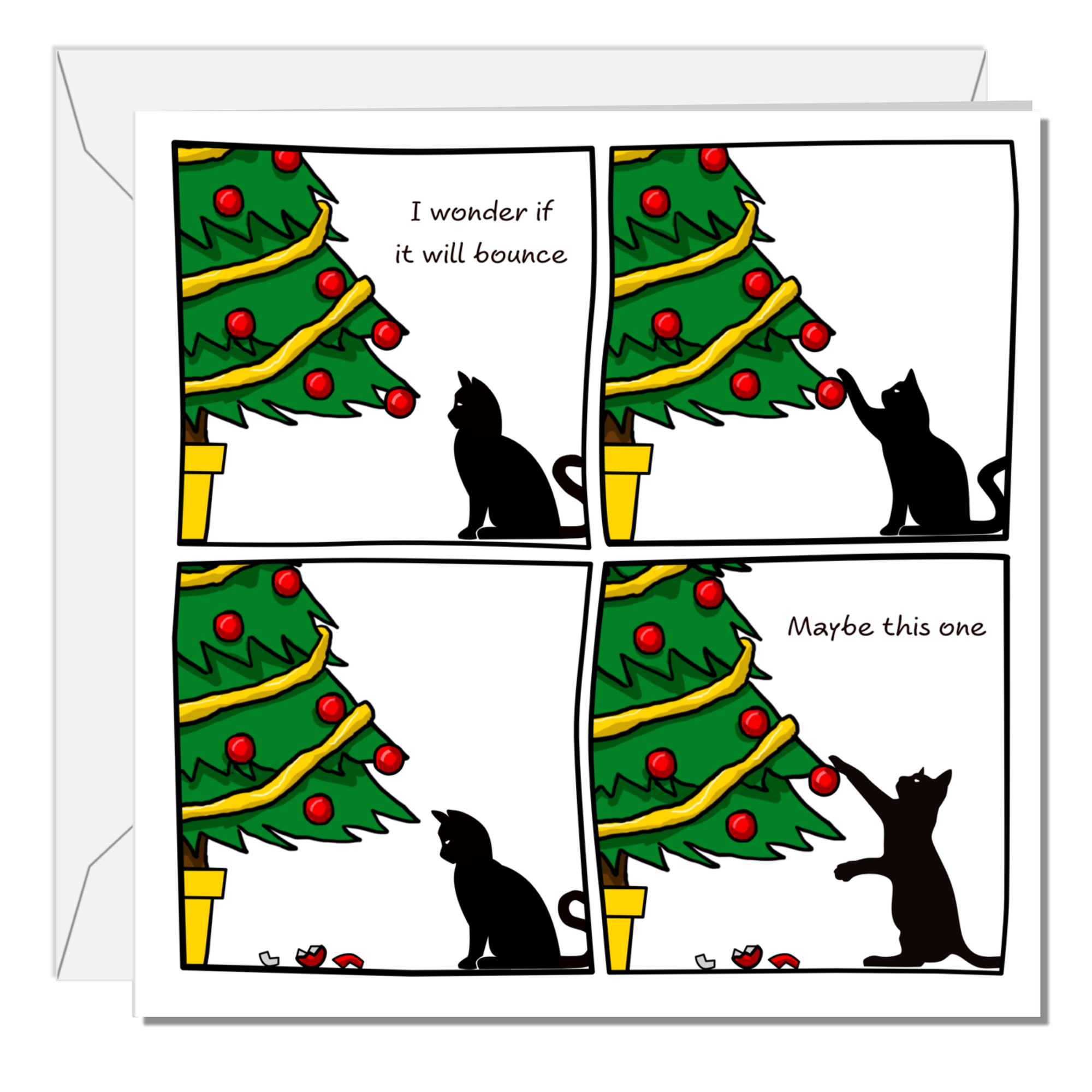 Funny Cat Christmas Card for your Friends or Family Will it Bounce Tree and Baubles Humorous / Humour