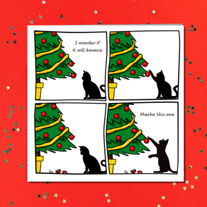 Funny Cat Christmas Card for your Friends or Family Will it Bounce Tree and Baubles Humorous / Humour