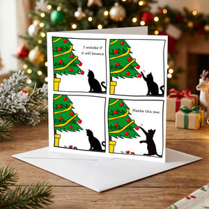 Funny Cat Christmas Card for your Friends or Family Will it Bounce Tree and Baubles Humorous / Humour