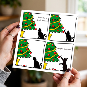 Funny Cat Christmas Card for your Friends or Family Will it Bounce Tree and Baubles Humorous / Humour