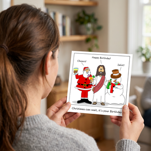 December Birthday Card - Combined Christmas Jesus Santa Claus -  Funny, Humorous and Amusing Cartoon