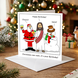 December Birthday Card - Combined Christmas Jesus Santa Claus -  Funny, Humorous and Amusing Cartoon
