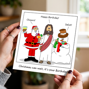 December Birthday Card - Combined Christmas Jesus Santa Claus -  Funny, Humorous and Amusing Cartoon