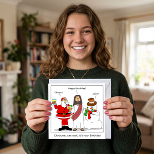 December Birthday Card - Combined Christmas Jesus Santa Claus -  Funny, Humorous and Amusing Cartoon
