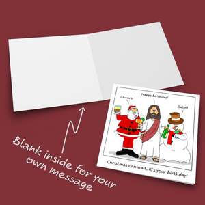 December Birthday Card - Combined Christmas Jesus Santa Claus -  Funny, Humorous and Amusing Cartoon