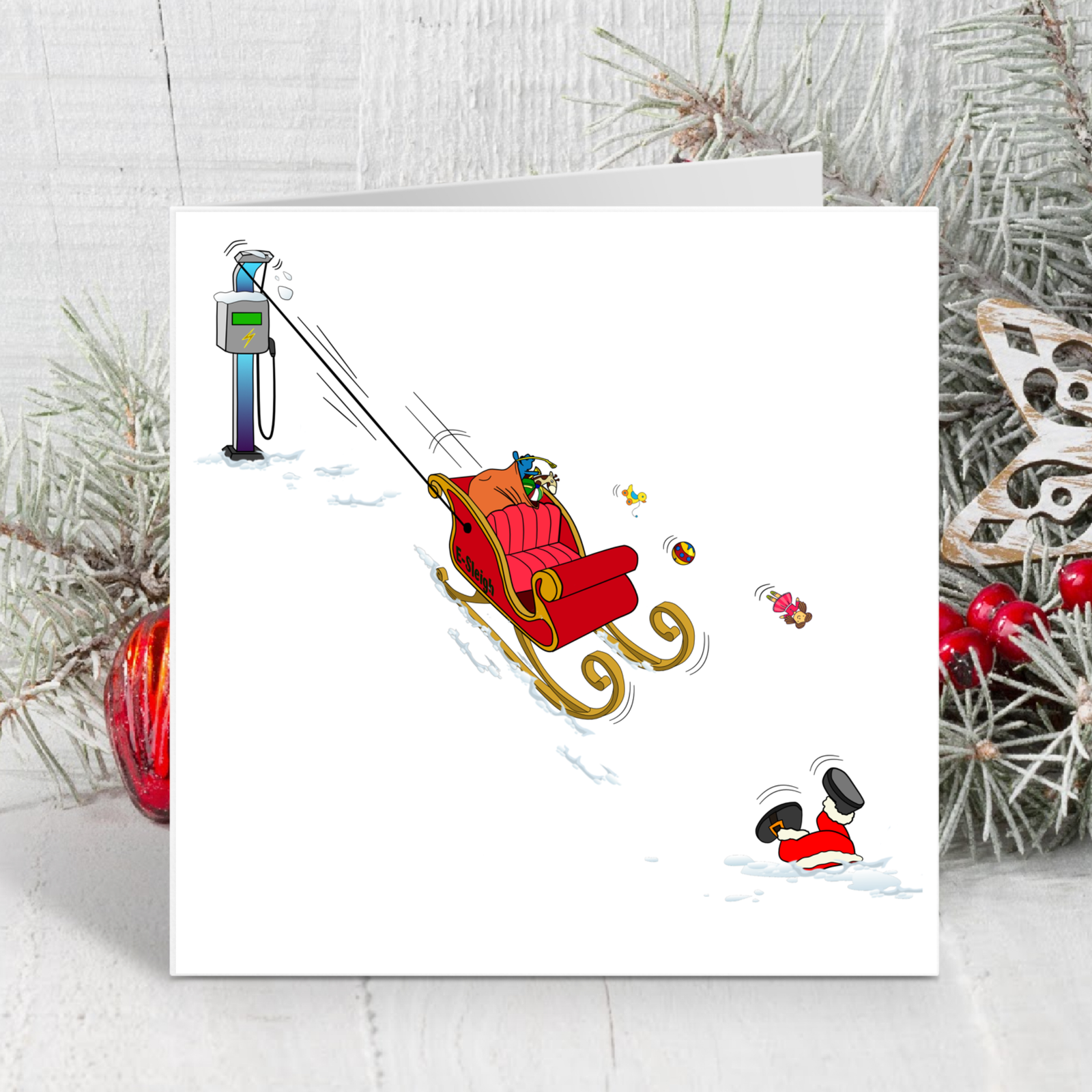 Funny Christmas Card Santa Claus Electric Sleigh Goes Green Sustainable Environmentally Friendly EV Car Electric Charging Amusing Humorous