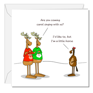 Funny Christmas Card for all the family, friends, children, work colleague - humorous reindeer horse cartoon. Cheeky cute design by Swizzoo