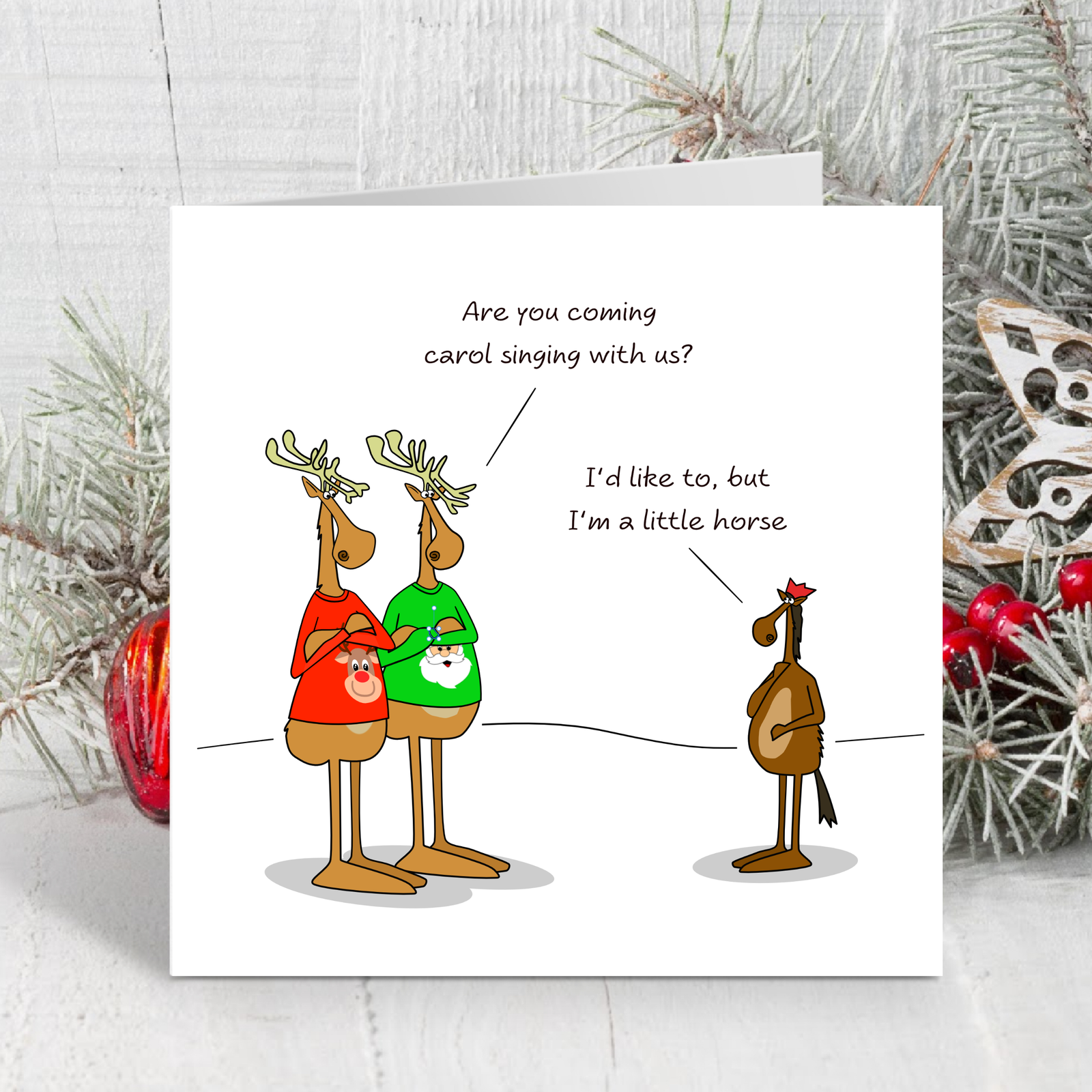Funny Christmas Card for all the family, friends, children, work colleague - humorous reindeer horse cartoon. Cheeky cute design by Swizzoo