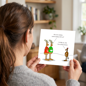 Funny Christmas Card for all the family, friends, children, work colleague - humorous reindeer horse cartoon. Cheeky cute design by Swizzoo