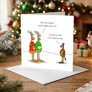 Funny Christmas Card for all the family, friends, children, work colleague - humorous reindeer horse cartoon. Cheeky cute design by Swizzoo