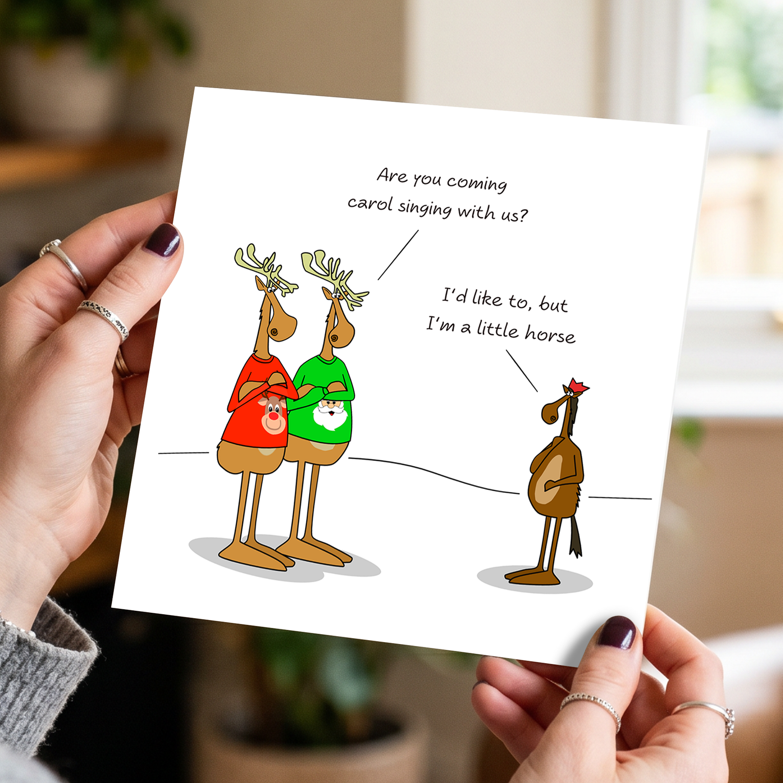 Funny Christmas Card for all the family, friends, children, work colleague - humorous reindeer horse cartoon. Cheeky cute design by Swizzoo