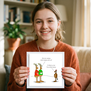 Funny Christmas Card for all the family, friends, children, work colleague - humorous reindeer horse cartoon. Cheeky cute design by Swizzoo
