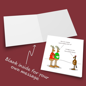 Funny Christmas Card for all the family, friends, children, work colleague - humorous reindeer horse cartoon. Cheeky cute design by Swizzoo