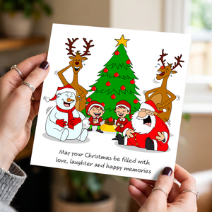 Funny Christmas Card for your Special Friends or Family - Love Laughter Memories - Santa Elves Reindeer Snowman - Humorous / Humour