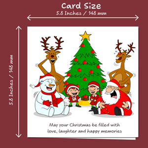 Funny Christmas Card for your Special Friends or Family - Love Laughter Memories - Santa Elves Reindeer Snowman - Humorous / Humour