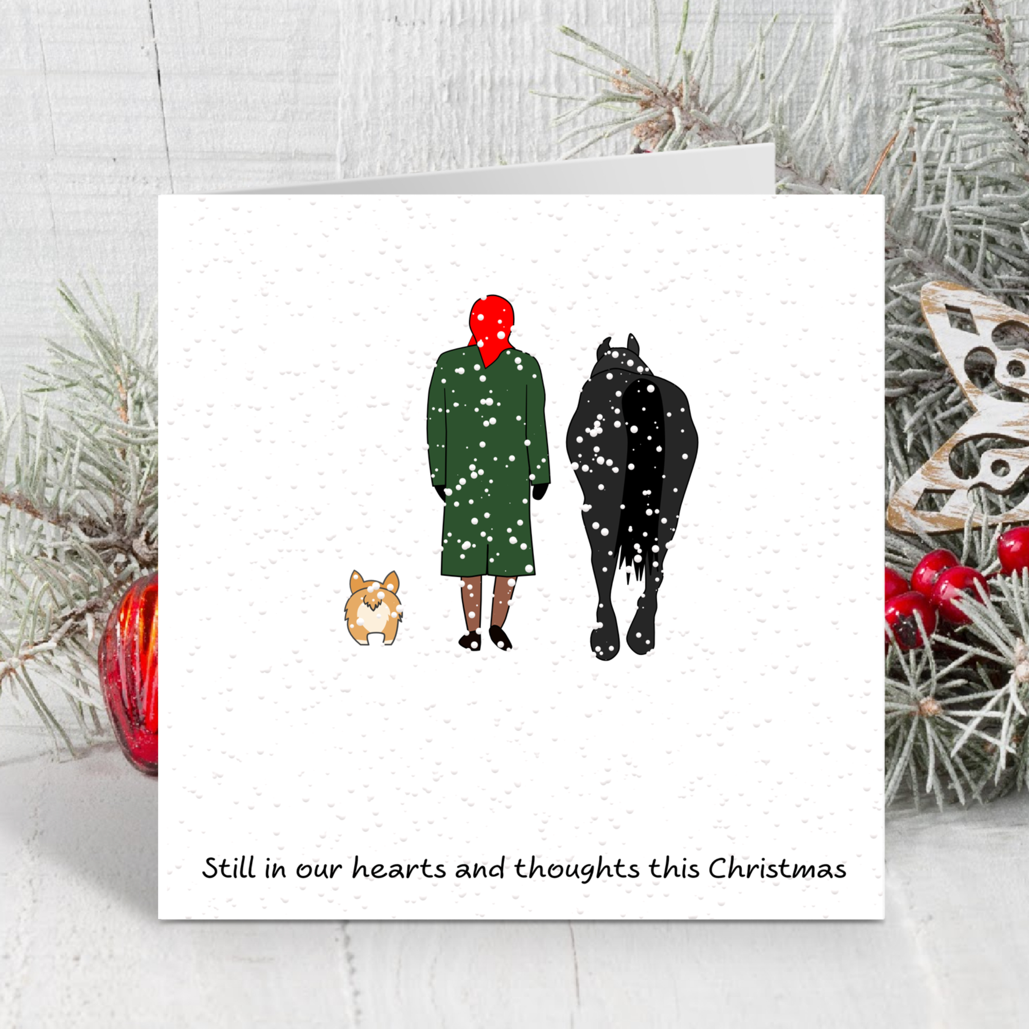 Queen Christmas Card in 2023 In Memory of Queen Elizabeth 2 in our Hearts ad thoughts Corgi, Horse & Royal Family Funeral King Charles 3