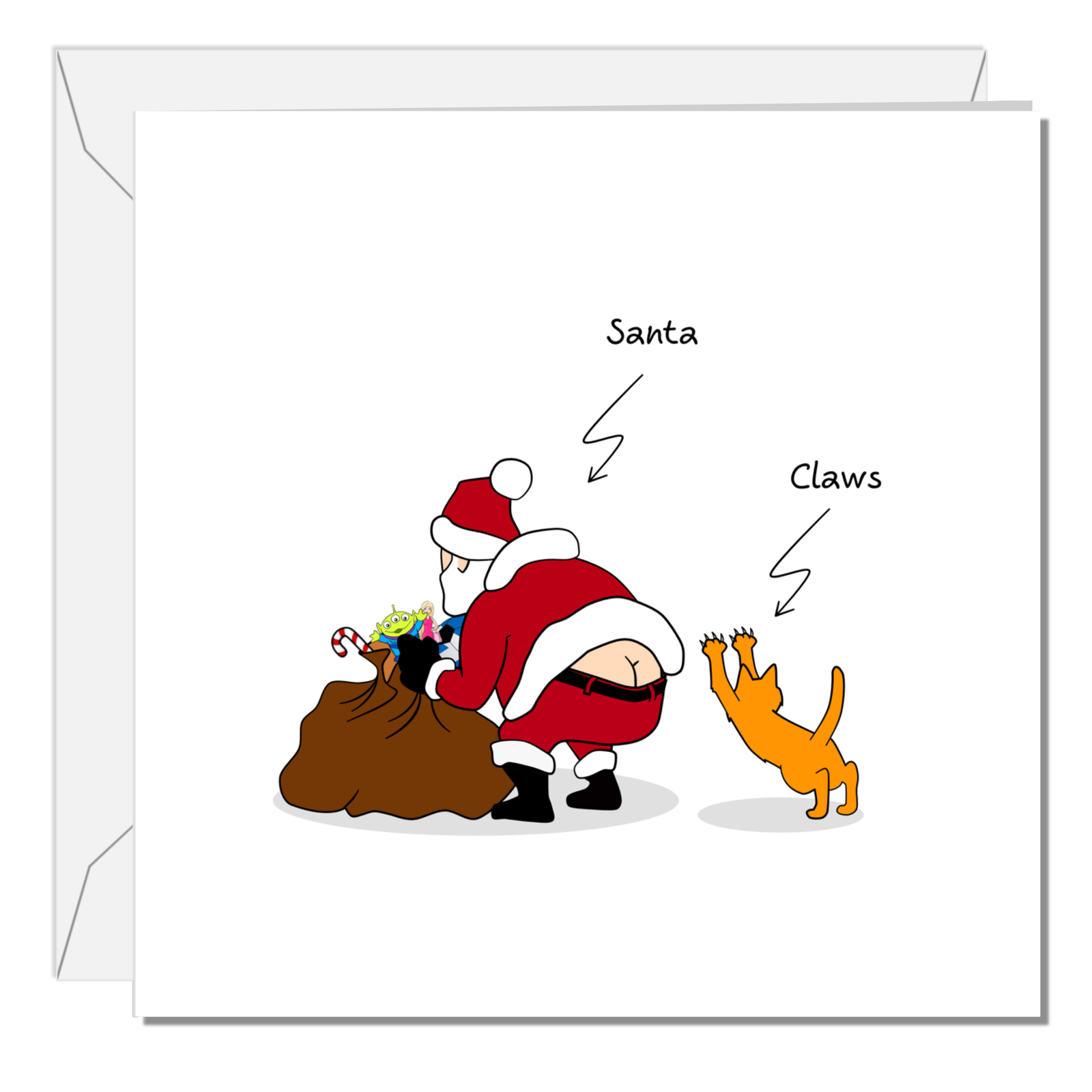 Funny Cat Christmas Card Santa Claus Claws Sack of Toys Cheeky Cute Humorous Cartoon Dad Father Son Daughter