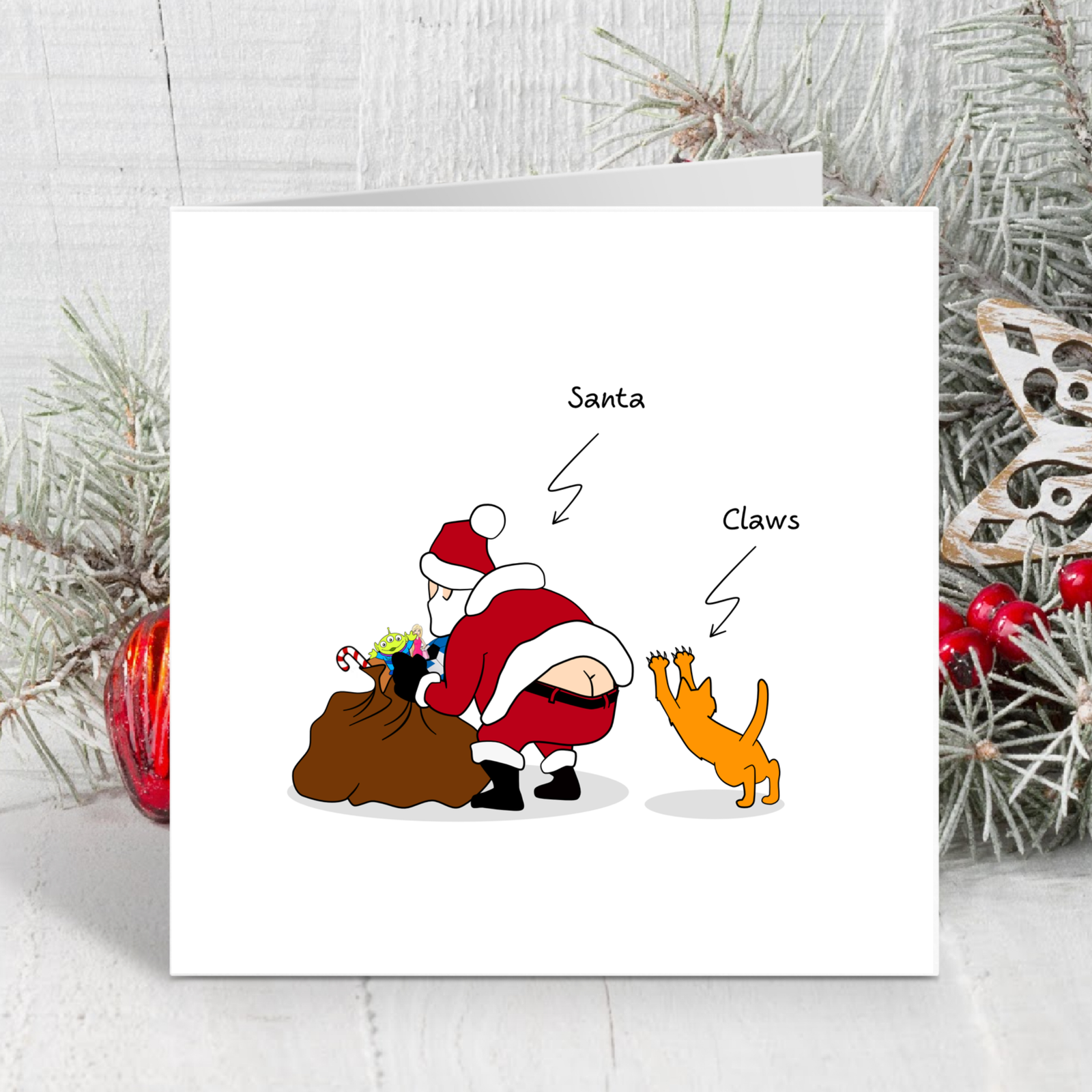 Funny Cat Christmas Card Santa Claus Claws Sack of Toys Cheeky Cute Humorous Cartoon Dad Father Son Daughter