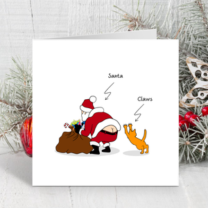 Funny Cat Christmas Card Santa Claus Claws Sack of Toys Cheeky Cute Humorous Cartoon Dad Father Son Daughter