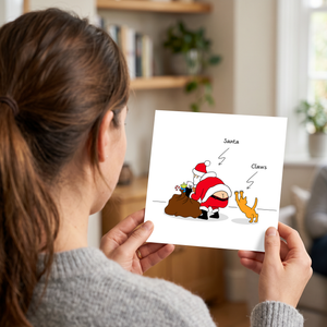 Funny Cat Christmas Card Santa Claus Claws Sack of Toys Cheeky Cute Humorous Cartoon Dad Father Son Daughter