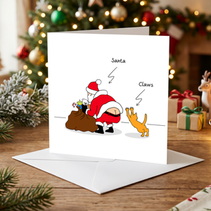 Funny Cat Christmas Card Santa Claus Claws Sack of Toys Cheeky Cute Humorous Cartoon Dad Father Son Daughter