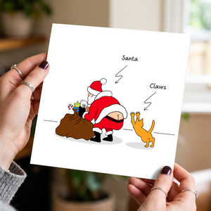 Funny Cat Christmas Card Santa Claus Claws Sack of Toys Cheeky Cute Humorous Cartoon Dad Father Son Daughter