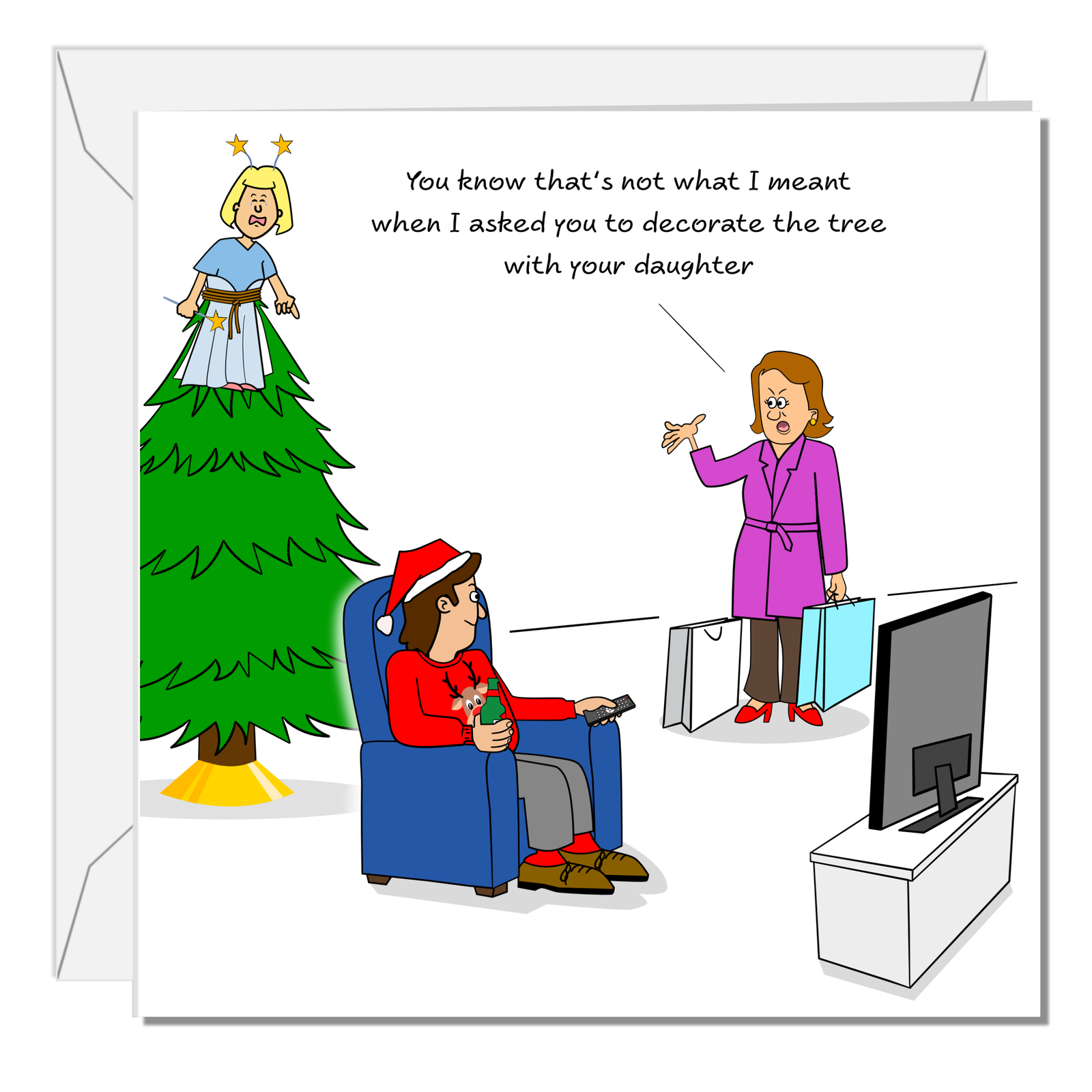 Funny Christmas Card for Daughter Dad Mum Husband Wife Parents Children Kids Toddler Teens Tree Decorate Humour