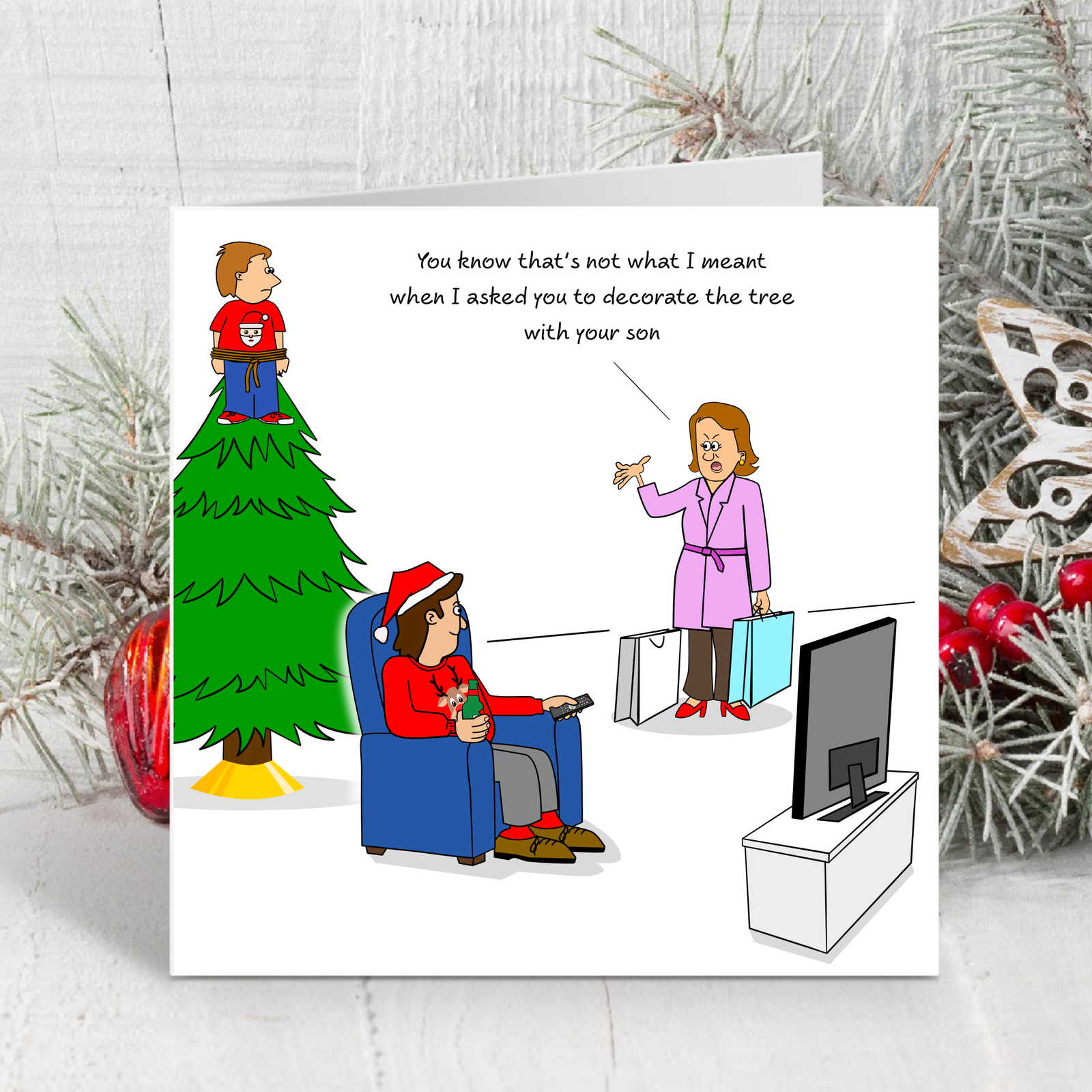 Funny Christmas Card for Dad Mum Husband Wife Parents Children Kids Toddler Teens Tree Decorate Humour