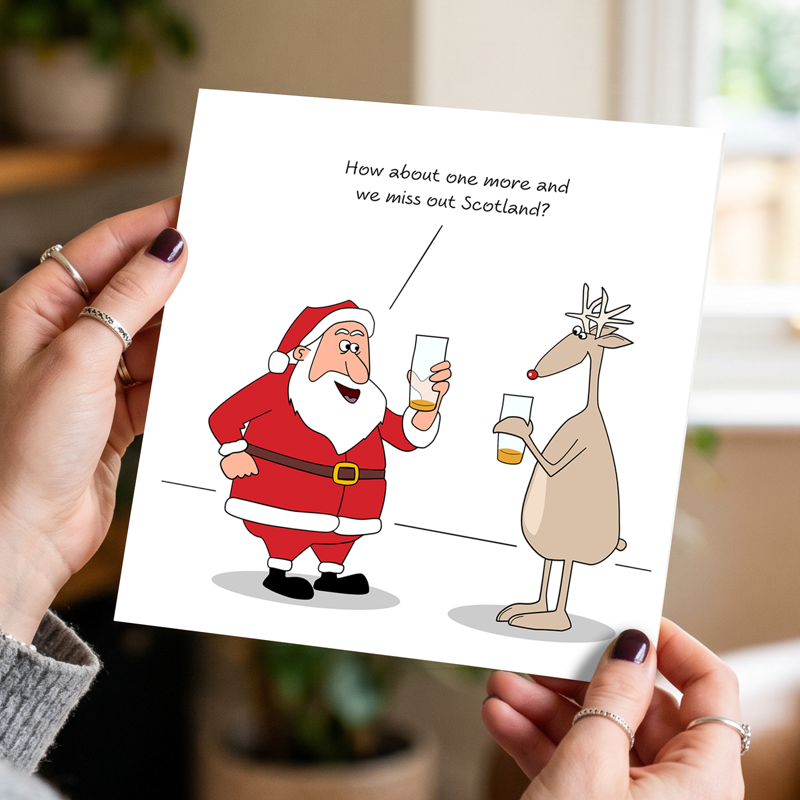Funny Christmas Card - Humorous Scotland Drinking Santa & Reindeer Joke