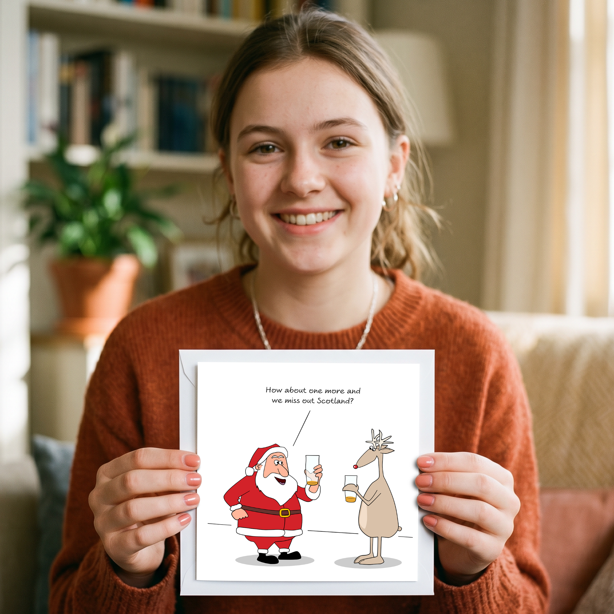 Funny Christmas Card - Humorous Scotland Drinking Santa & Reindeer Joke