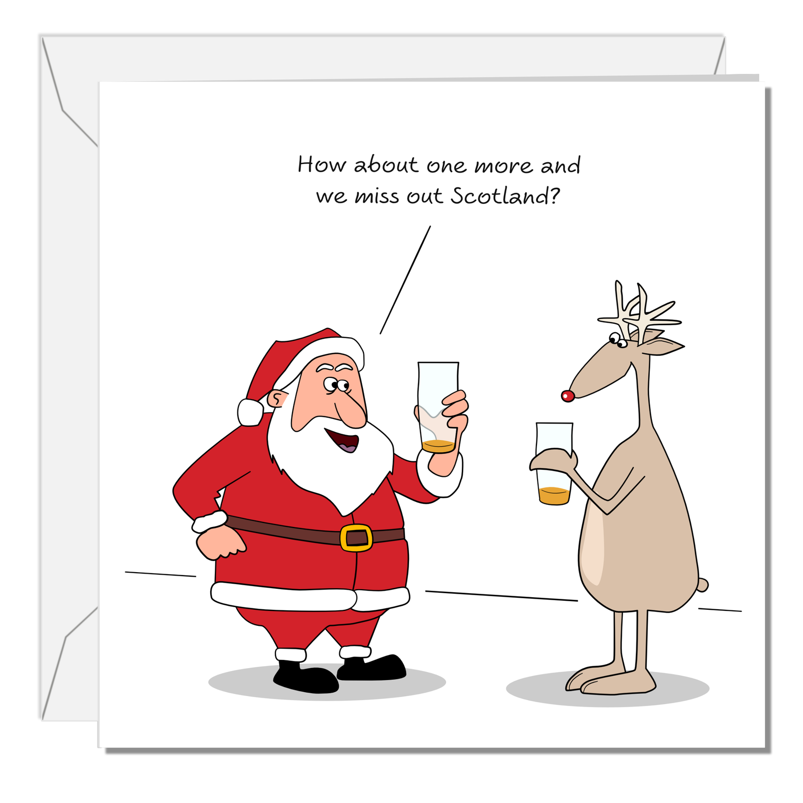 Funny Christmas Card - Humorous Scotland Drinking Santa & Reindeer Joke