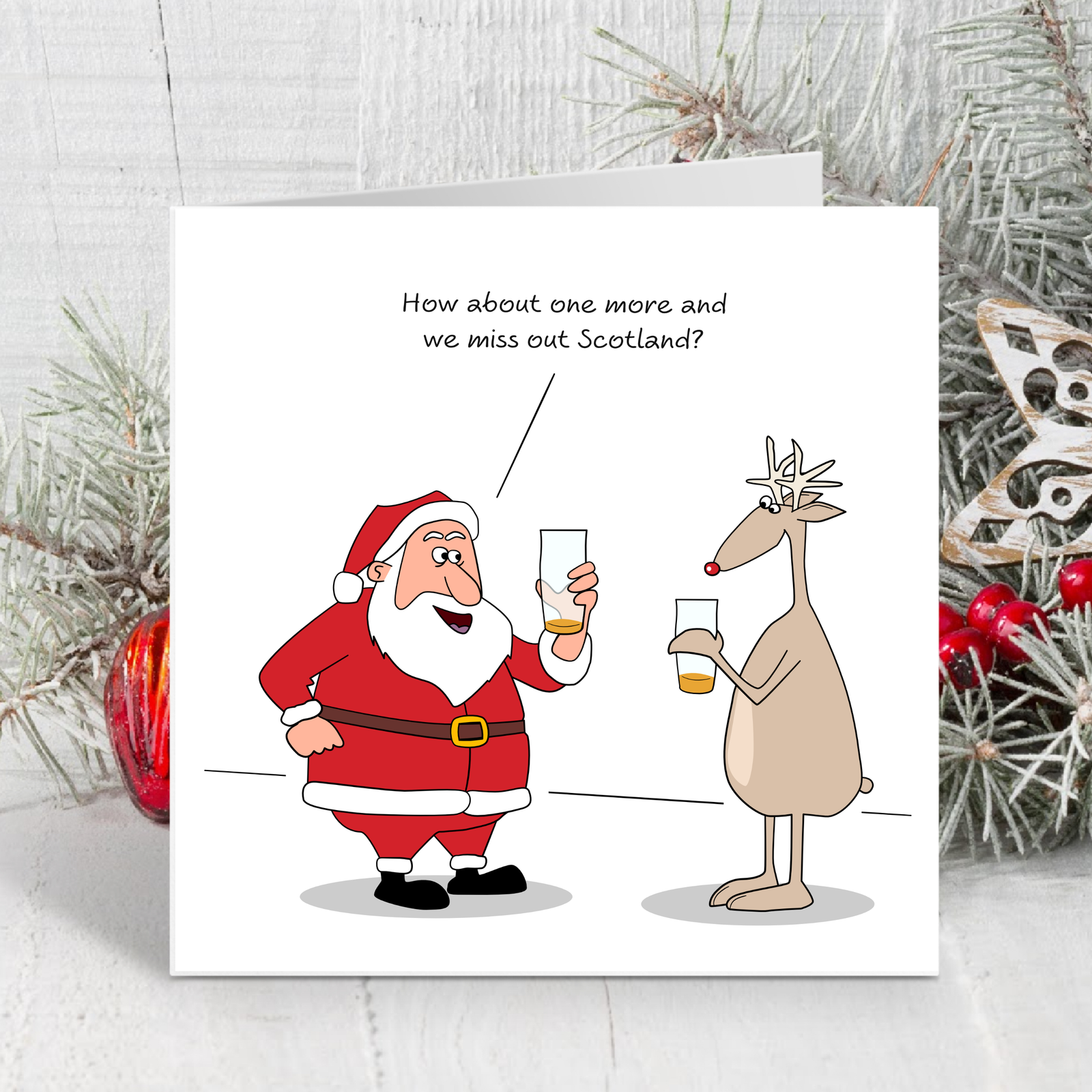 Funny Christmas Card - Humorous Scotland Drinking Santa & Reindeer Joke