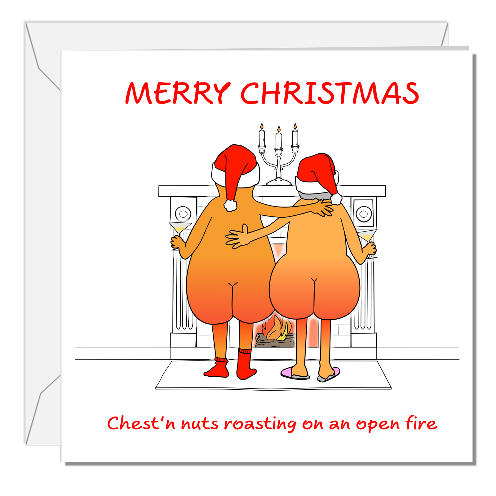 Funny Chestnuts Christmas Card - Humorous Naturist Nudist Xmas Card - Chest and Nuts Roasting