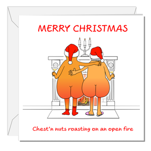 Funny Chestnuts Christmas Card - Humorous Naturist Nudist Xmas Card - Chest and Nuts Roasting